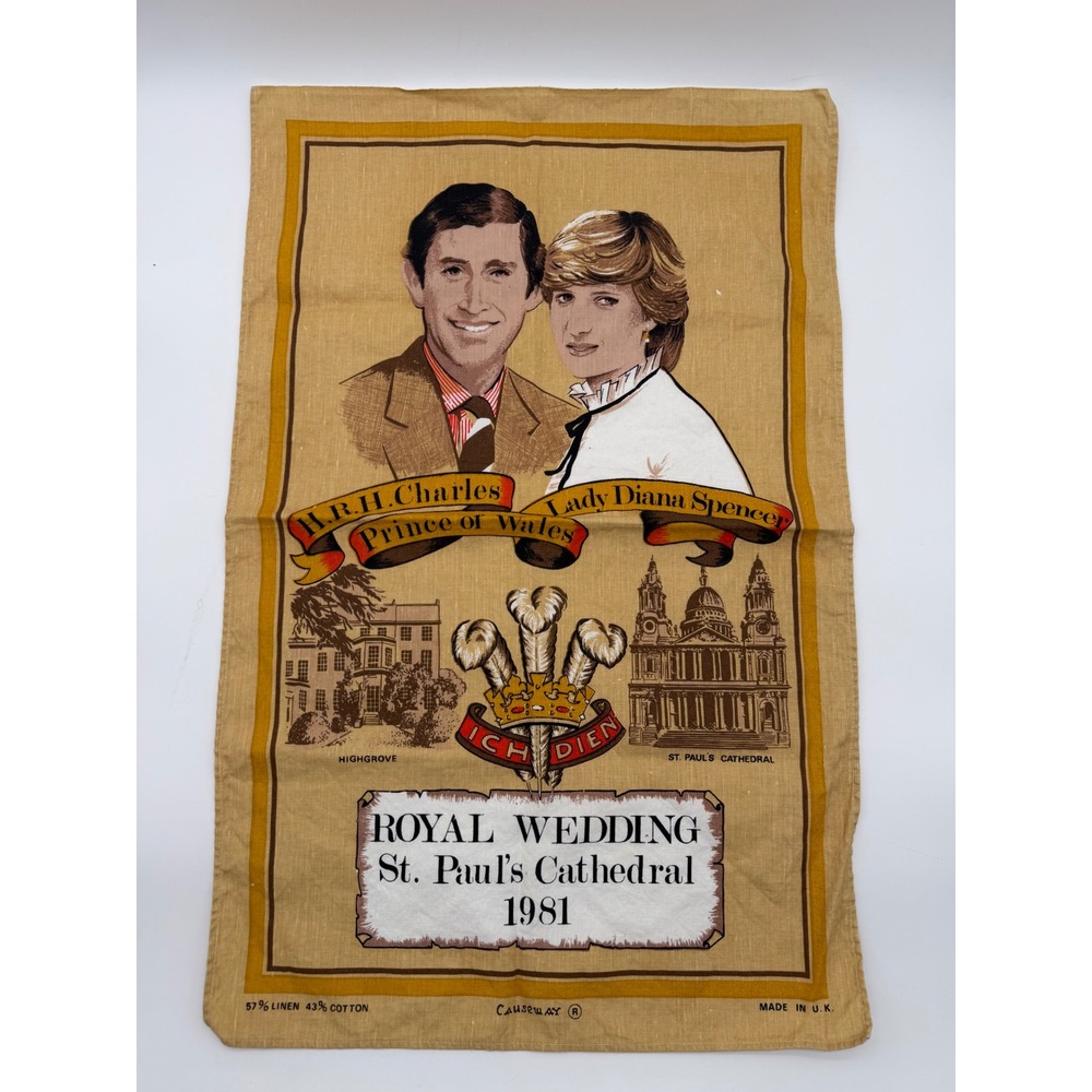 Vintage 1981 Royal Wedding Tea Towel Prince Charles Lady Diana St Pauls UK Made